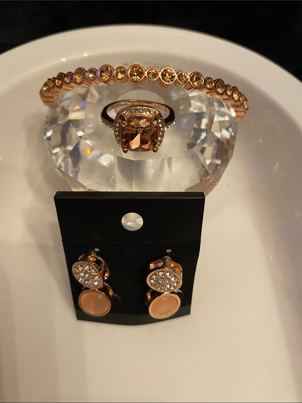 Rose Gold Crystal Bracelet, Ring & Earring Set - Women Jewelry